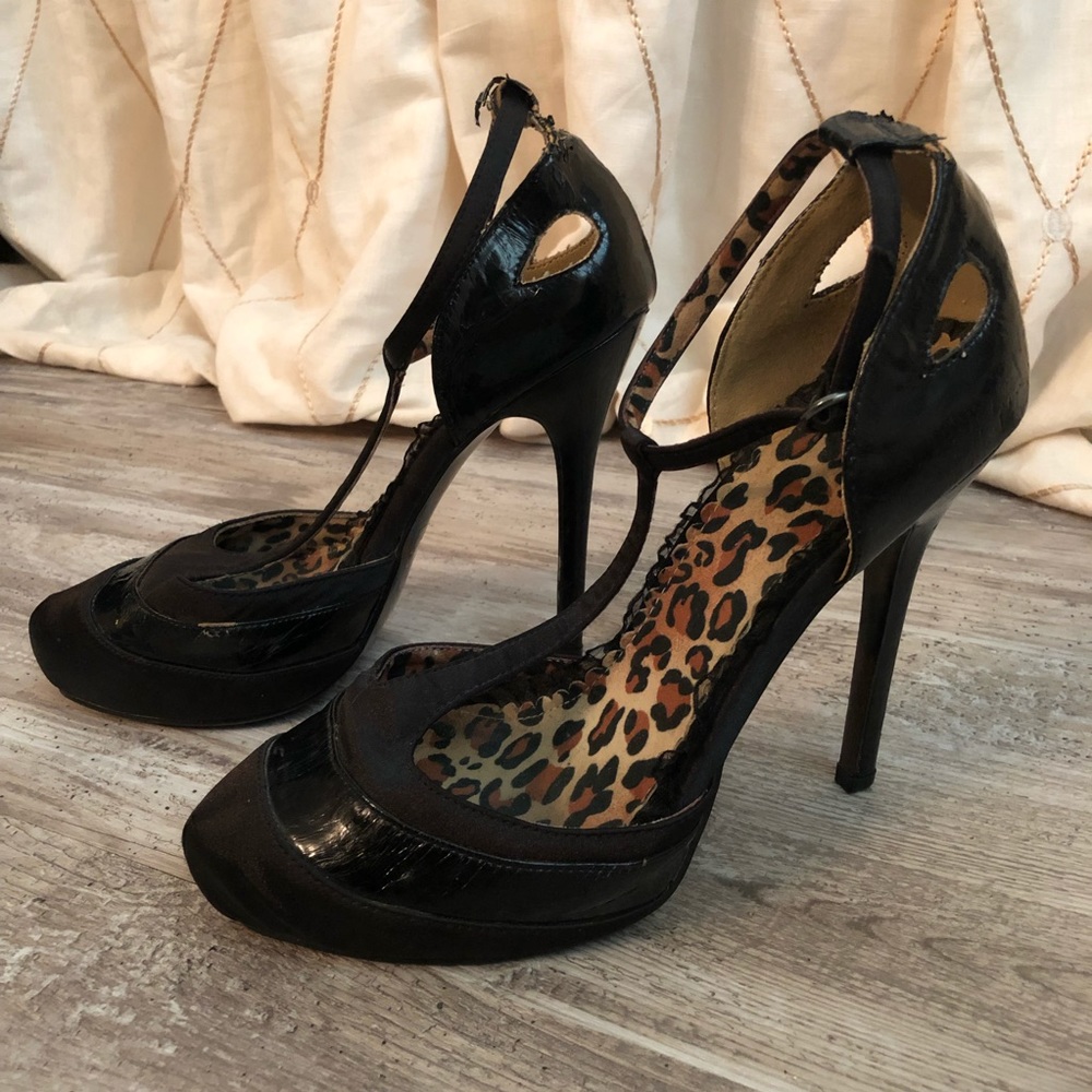 Bettie Page Pinup Black T-Strap Lace Stilettos, 9